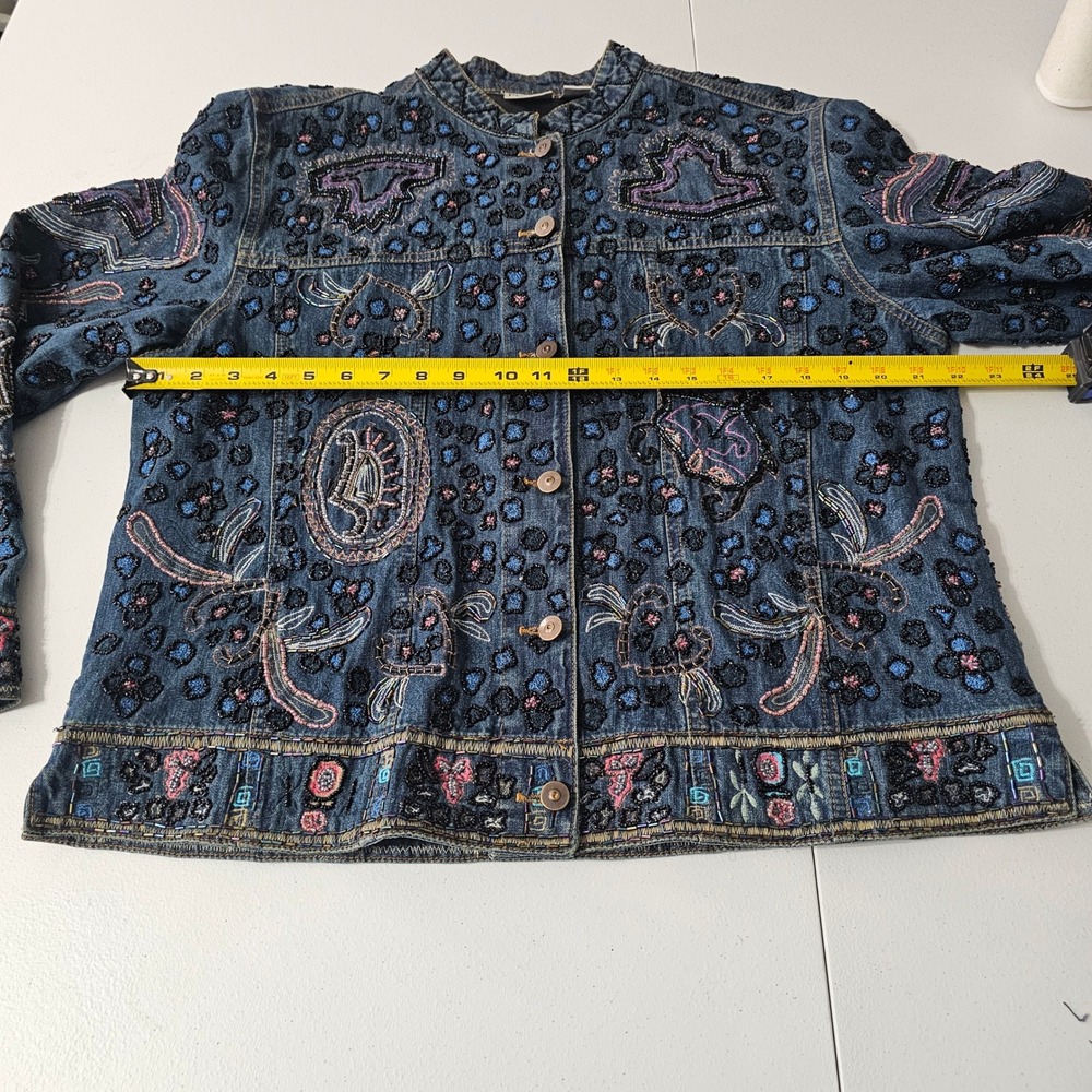 Chicos Heavily Beaded Denim Jacket L Blue Art to Wear Bohemian Paisley Artsy - Picture 7 of 12
